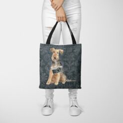 Welsh Terrier Dog Denim Style Tote Bag 50 denim dogs tote welsh terrier dark damask denim tote woman trowsers front view