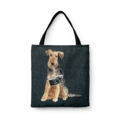 Welsh Terrier Dog Denim Style Tote Bag 46 denim dogs tote welsh terrier dark denim front view white
