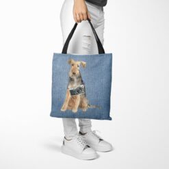 Welsh Terrier Dog Denim Style Tote Bag 53 denim dogs tote welsh terrier gently faded denim tote woman trowsers walking view