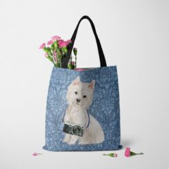 denim dogs tote westie bleached damask denim tote standing carnations