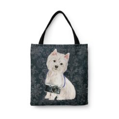 denim dogs tote westie dark damask denim front view white