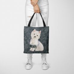 denim dogs tote westie dark damask denim tote woman trowsers front view