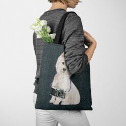 denim dogs tote westie dark denim tote woman jumper walking view