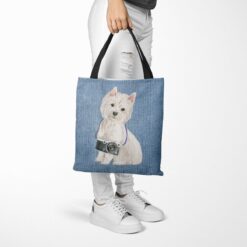 denim dogs tote westie gently faded denim tote woman trowsers walking view