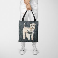denim dogs tote wheaten terrier dark damask denim tote woman trowsers front view