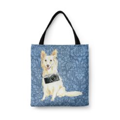 White Collie Dog Denim Style Tote Bag 44 denim dogs tote white collie bleached damask denim front view white