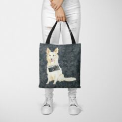 White Collie Dog Denim Style Tote Bag 50 denim dogs tote white collie dark damask denim tote woman trowsers front view