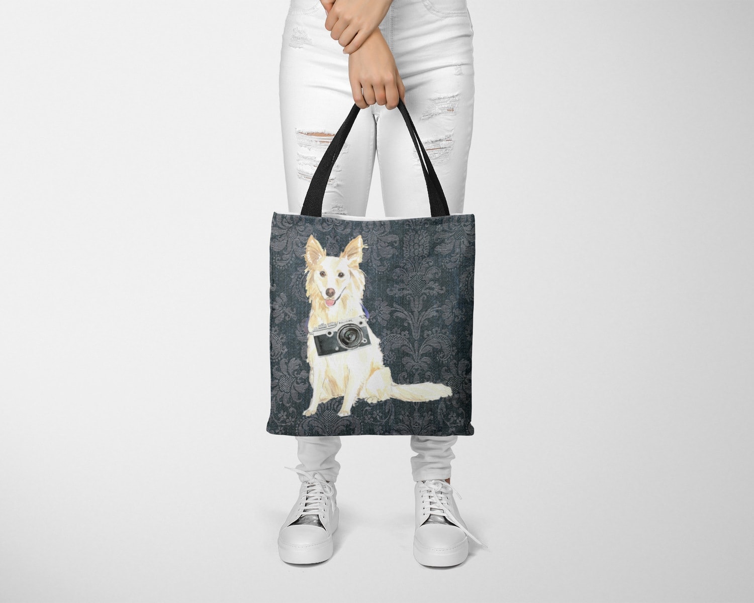 White Collie Dog Denim Style Tote Bag 25 White Collie Dog Denim Style Tote Bag - Image 23