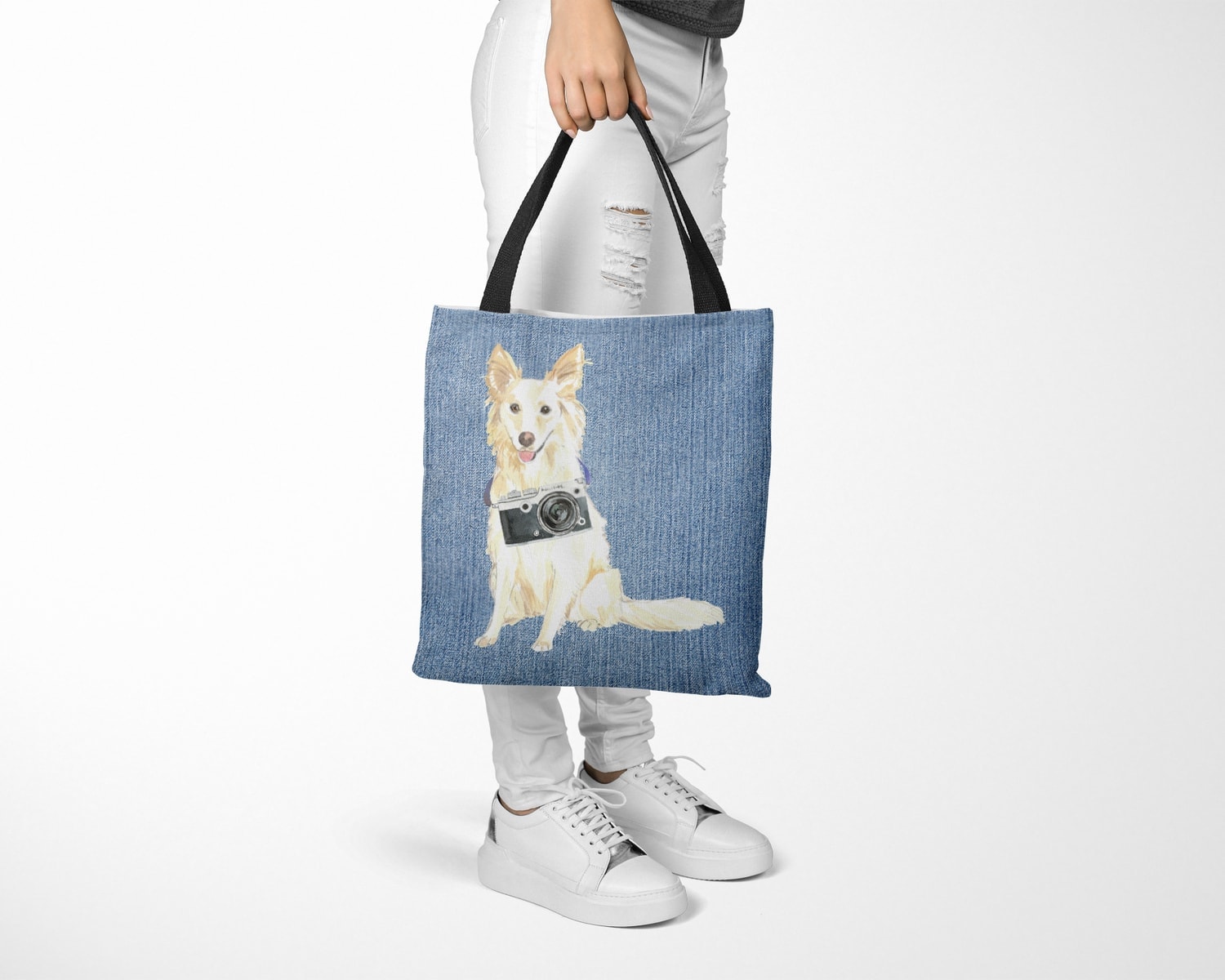 White Collie Dog Denim Style Tote Bag 28 White Collie Dog Denim Style Tote Bag - Image 26
