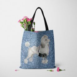 White poodle Dog Denim Style Tote Bag 48 denim dogs tote white poodle bleached damask denim tote standing carnations