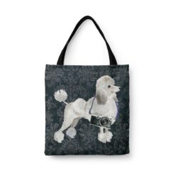 White poodle Dog Denim Style Tote Bag 43 denim dogs tote white poodle dark damask denim front view white