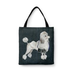 White poodle Dog Denim Style Tote Bag 46 denim dogs tote white poodle dark denim front view white