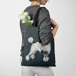 White poodle Dog Denim Style Tote Bag 51 denim dogs tote white poodle dark denim tote woman jumper walking view