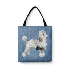 White poodle Dog Denim Style Tote Bag 45 denim dogs tote white poodle gently faded denim front view white