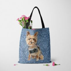 denim dogs tote yorkshire terrier bleached damask denim tote standing carnations