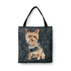 denim dogs tote yorkshire terrier dark damask denim front view white