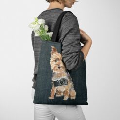 denim dogs tote yorkshire terrier dark denim tote woman jumper walking view