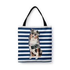 Australian Shepherd Travel Style Tote Bag 41 travel dogs tote australian shepherd nautical stripes front view White