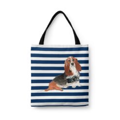 Basset Hound Travel Style Tote Bag 40 travel dogs tote basset hound nautical stripes front view White