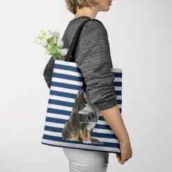 travel dogs tote bernese mountain dog nautical stripes tote woman jumper view