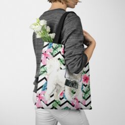 Bichon Frise Travel Style Tote Bag 53 travel dogs tote bichon frise geometric tropical tote woman jumper walking view