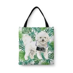 Bichon Frise Travel Style Tote Bag 46 travel dogs tote bichon frise leaves front view White