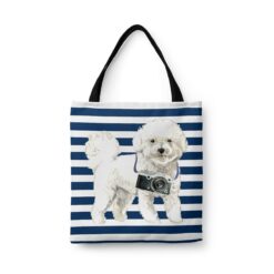 Bichon Frise Travel Style Tote Bag 41 travel dogs tote bichon frise nautical stripes front view White