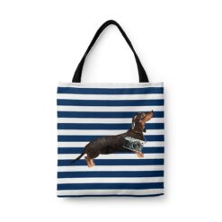 Black & Tan Dachshund Travel Style Tote Bag 41 travel dogs tote black tan dachshund nautical stripes front view White