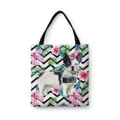 Black&white French bulldog Travel Style Tote Bag 45 travel dogs tote blackwhite french bulldog geometric tropical front view White