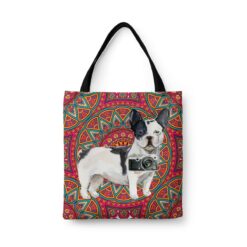 Black&white French bulldog Travel Style Tote Bag 47 travel dogs tote blackwhite french bulldog mandala front view White