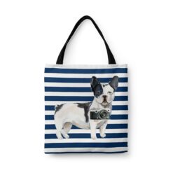 Black&white French bulldog Travel Style Tote Bag 41 travel dogs tote blackwhite french bulldog nautical stripes front view White