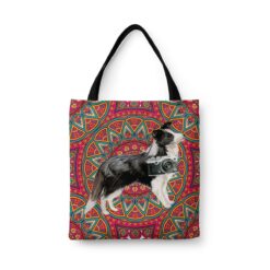Border Collie Travel Style Tote Bag 47 travel dogs tote border collie mandala front view White