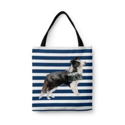 Border Collie Travel Style Tote Bag 41 travel dogs tote border collie nautical stripes front view White