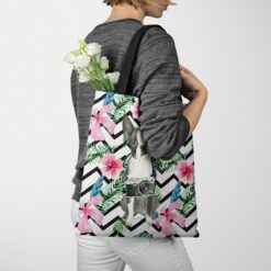 travel dogs tote boston terrier geometric tropical tote woman jumper walking view