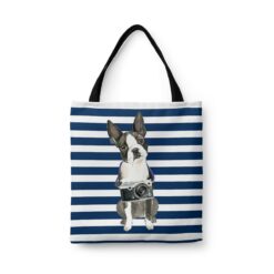 travel dogs tote boston terrier nautical stripes front view White