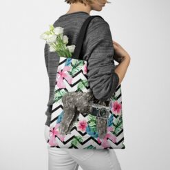 travel dogs tote bouvier des flandres geometric tropical tote woman jumper walking view