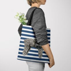 travel dogs tote bouvier des flandres nautical stripes tote woman jumper view