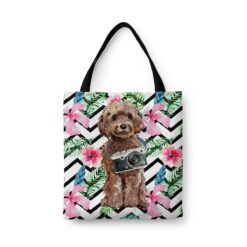 Brown Cockapoo Travel Style Tote Bag 45 travel dogs tote brown cockapoo geometric tropical front view White