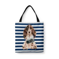 Brown Cocker Spaniel Travel Style Tote Bag 41 travel dogs tote brown cocker spaniel nautical stripes front view White