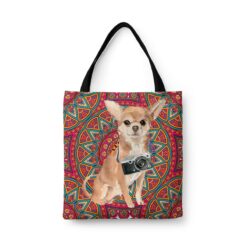 travel dogs tote chihuahua mandala front view White
