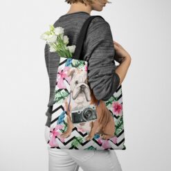 English Bulldog Travel Style Tote Bag 53 travel dogs tote english bulldog geometric tropical tote woman jumper walking view