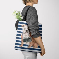 English Bulldog Travel Style Tote Bag 51 travel dogs tote english bulldog nautical stripes tote woman jumper view