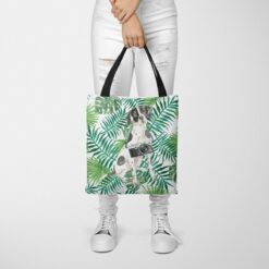 travel dogs tote english pointer leaves tote woman trowsers front view
