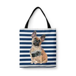 French Bulldog Travel Style Tote Bag 41 travel dogs tote french bulldog nautical stripes front view White