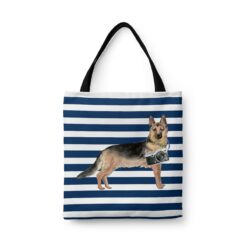 German Shepherd Travel Style Tote Bag 41 travel dogs tote german shepherd nautical stripes front view White