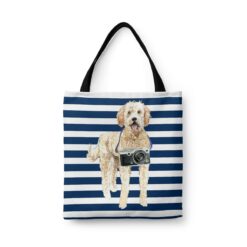 travel dogs tote golden doodle nautical stripes front view White