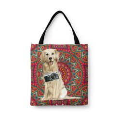 Golden Retriever Travel Style Tote Bag 47 travel dogs tote golden retriever mandala front view White