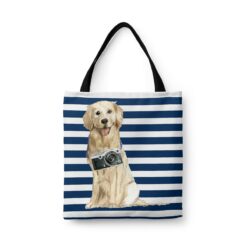 Golden Retriever Travel Style Tote Bag 41 travel dogs tote golden retriever nautical stripes front view White