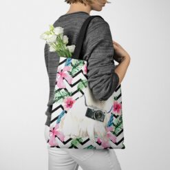 travel dogs tote japanese spitz geometric tropical tote woman jumper walking view