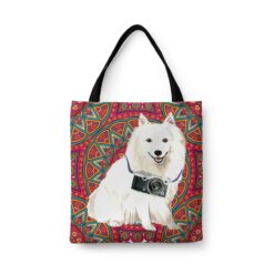 travel dogs tote japanese spitz mandala front view White